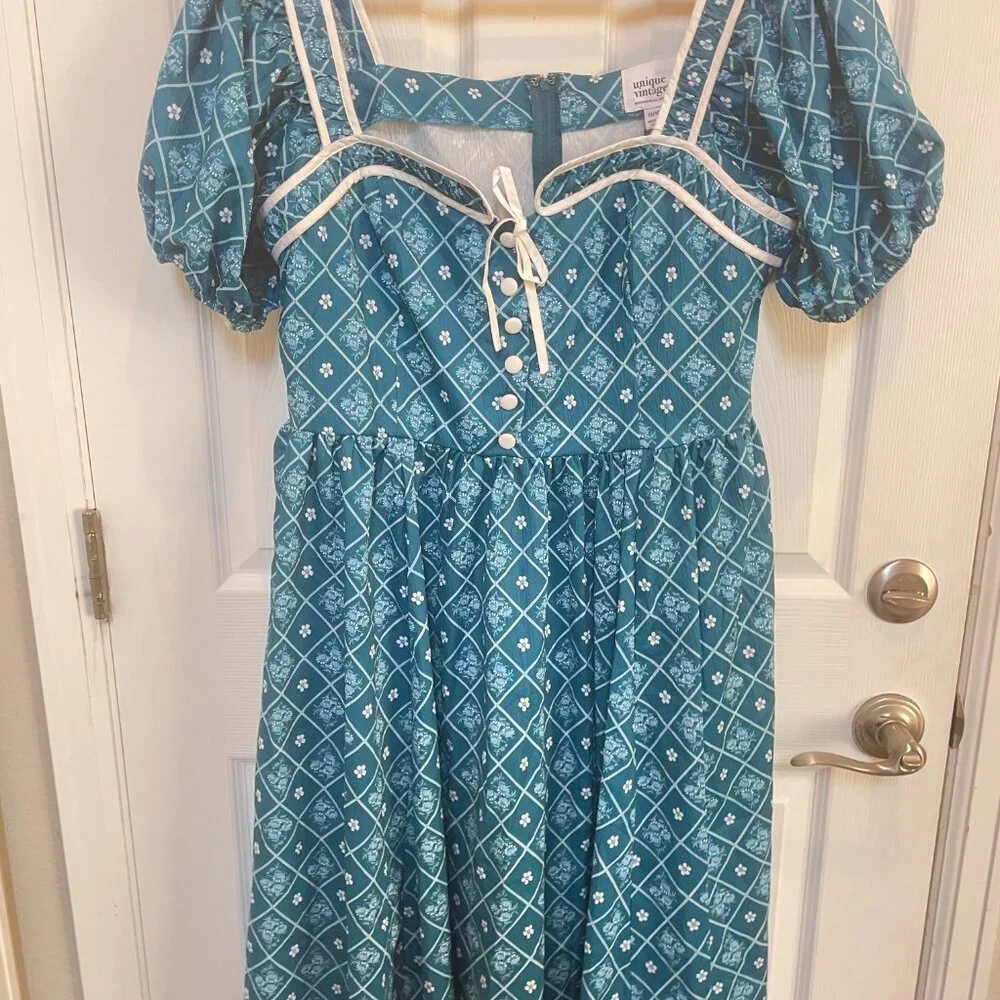 Unique Vintage 1940s Sweetheart Button Front Swing Dress Teal Sz 1x #10 - Picture 3 of 7